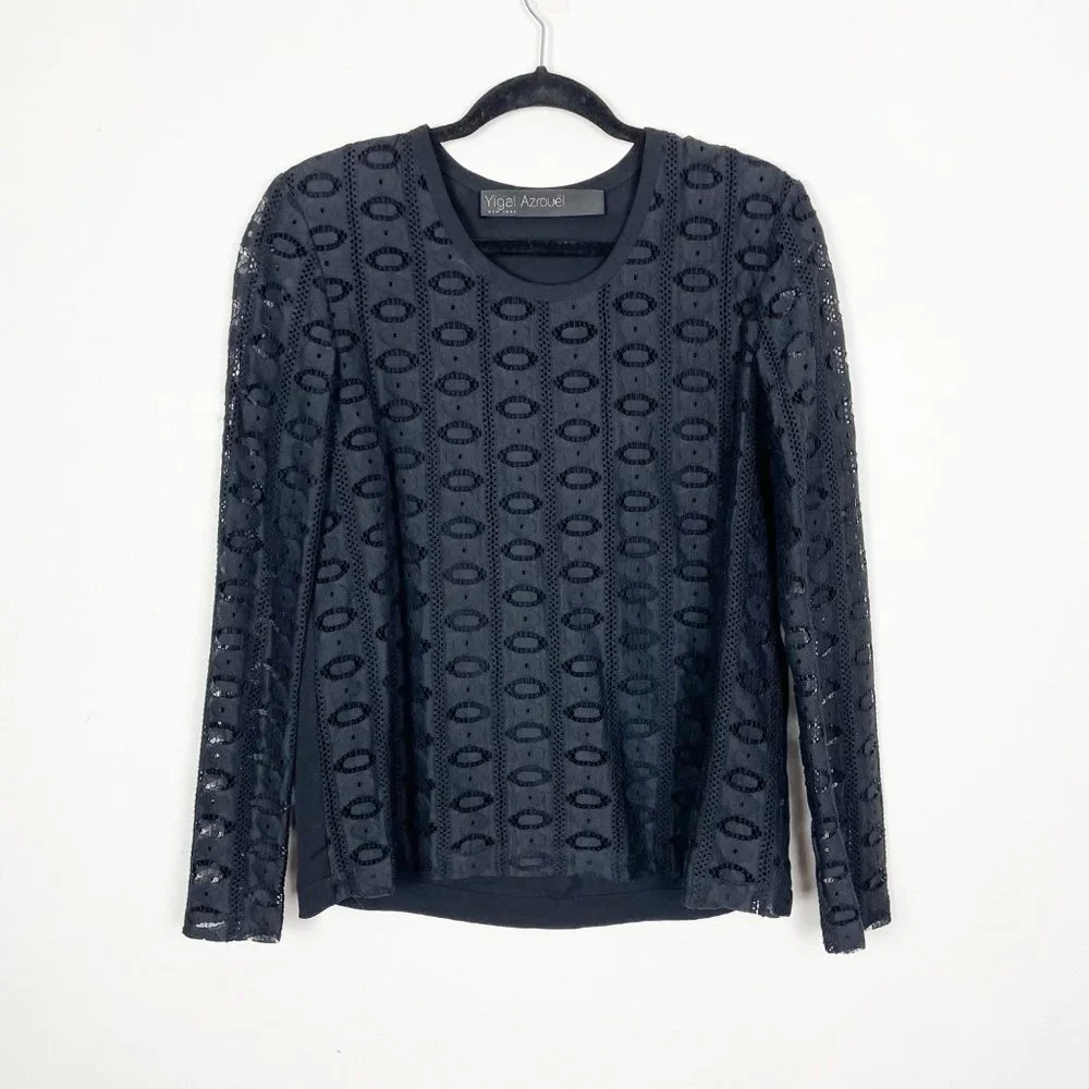 Yigal Azrouel Woman's 8 Black Sheer Knitted Front Long Sleeve Blouse Top - Picture 1 of 9